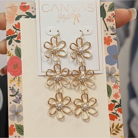 Pearl & Gold Flower Drop Earrings | Romantic Statement Jewelry - Picture 1 of 5